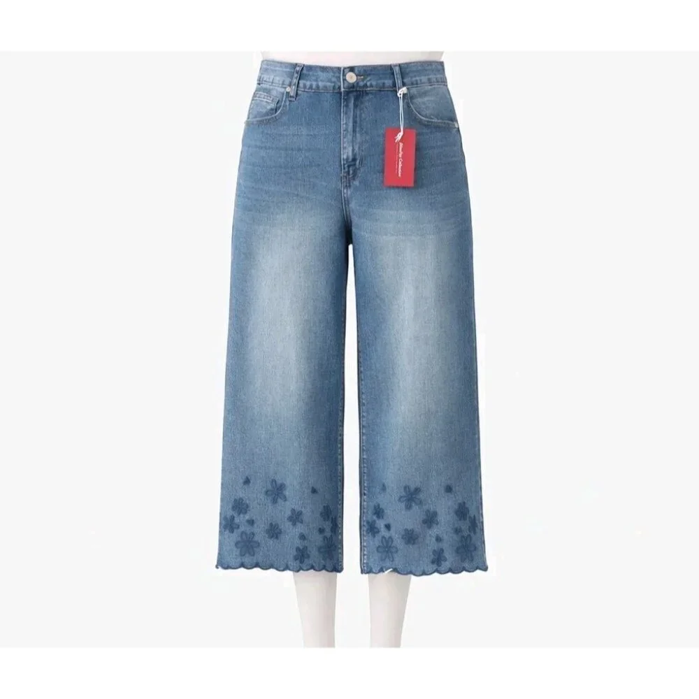BlueFox Collective Womens‎ 18 Wide Leg Cropped Jeans High Rise Floral Hem